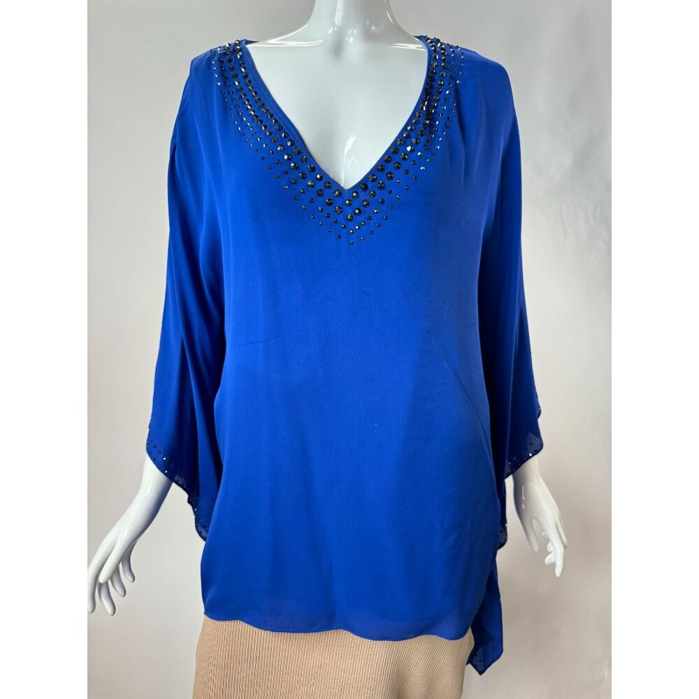 St. John Blue Silk Beaded V-Neck Tunic Blouse M with blemishes